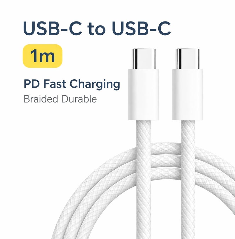 كابل USB-C إلى USB-C شحن سريع 60W PD بطول 1 متر – نايلون مضفر عالي الجودة – متوافق مع iPhone 15/16 و أجهزة Type-C - Image 1